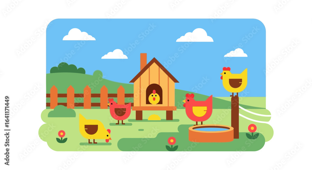 Obraz premium Delightful Farmyard Scene with Adorable Chickens and Cozy Chicken Coop