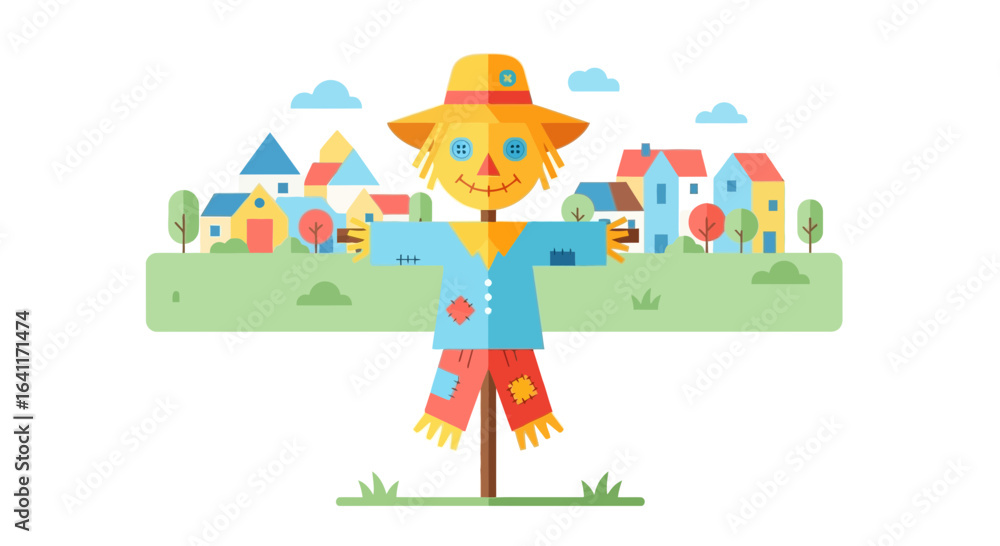 Naklejka premium Delightful scarecrow guarding a charming cartoon town with geometric shapes