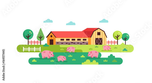 Delightful Farm Scene Illustration with Pigs and Rustic Barn Landscape Design