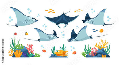 Delightful Underwater Scene with Graceful Manta Rays and Vibrant Corals