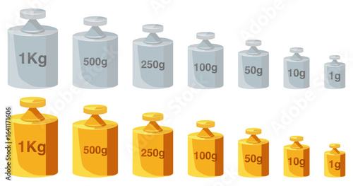 Metal and gold weight set for scales. Set of metal and gold weights in different sizes from 1 kg to 1 g. Feature clear weight markings for each element