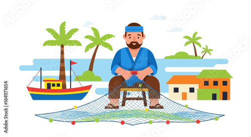 Fisherman mending fishing net at tropical village near coastline illustration