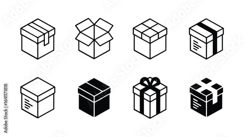 Eight minimalist isometric boxes with black outlines and fills gift package