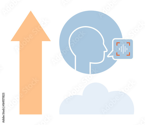 Abstract head with soundwave speech bubble, upward arrow, and cloud. Ideal for technology, AI, data analysis, career growth, communication voice recognition advancement. Simple flat metaphor