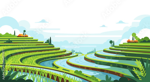 Green rice terraces landscape in a flat design, rural hillside view