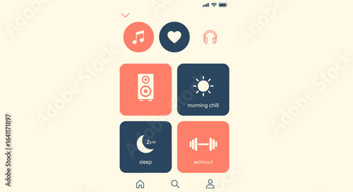 A mobile phone screen displays a music app interface with icons for music, favorites, speaker, sun, moon, and workout.