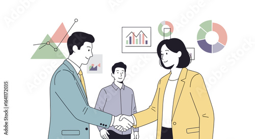 Two professionals shaking hands, celebrating a successful business agreement, with charts.