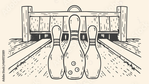 Illustration of three bowling pins standing on a wooden lane with a vintage wooden background board