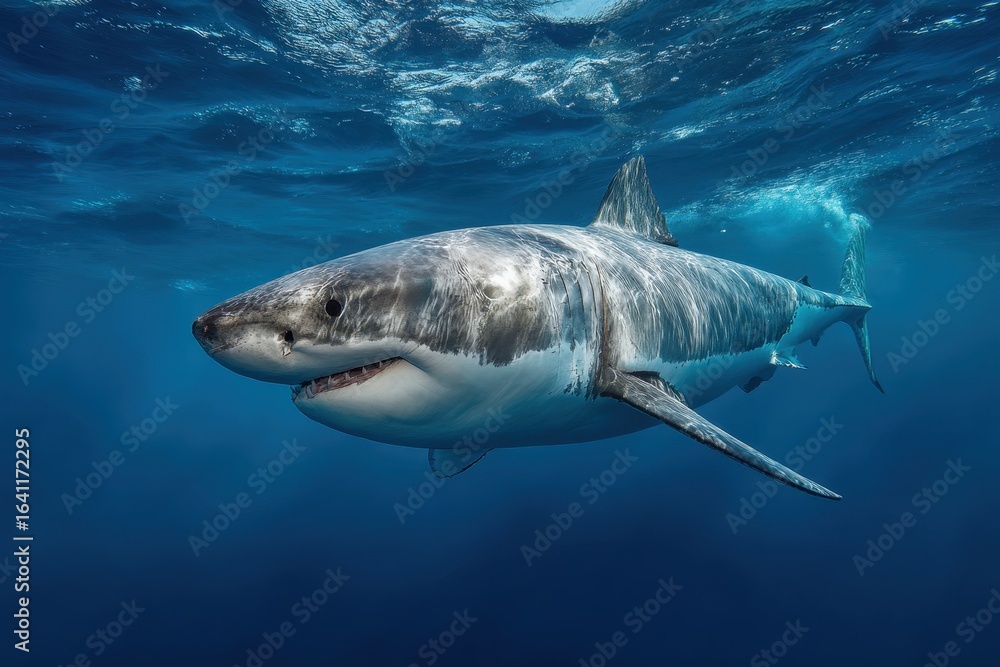 Naklejka premium Majestic Great White Shark - Apex Predator of the Ocean with a Lifespan of 70 Years and a Length of 21 Feet