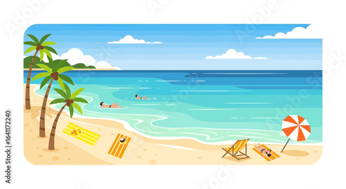 Idyllic tropical beach scene with lounging people and turquoise waters