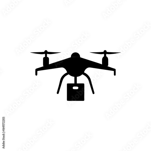 silhouette of a delivery drone carrying a package isolated on white background
