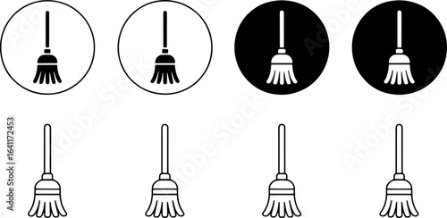 Broom Icons – Black and White Cleaning Symbols in Circle and Outline Styles