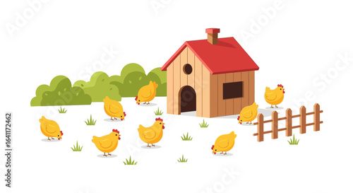 Illustrative idyllic farm scene featuring chickens, coop and rustic fence