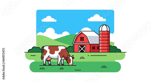 Illustrative farm scene featuring a cow grazing near a vibrant red barn