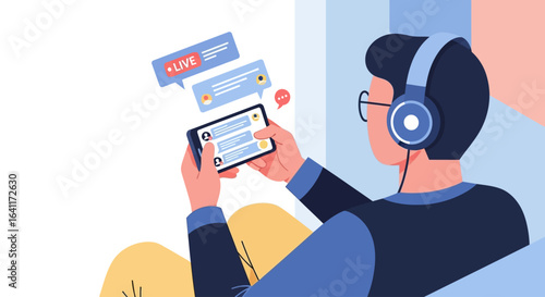 A person wearing headphones, looking at a smartphone with chat bubbles.