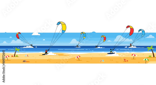 Kitesurfing on a beautiful beach landscape during summer in a flat style