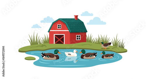 Peaceful countryside landscape with barn, ducks and water pond scenery