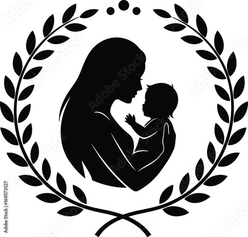 Mother holding baby silhouette, love and care logo, maternal bond design, motherhood emblem with laurel wreath, mother child icon, parenting symbol, vector illustration