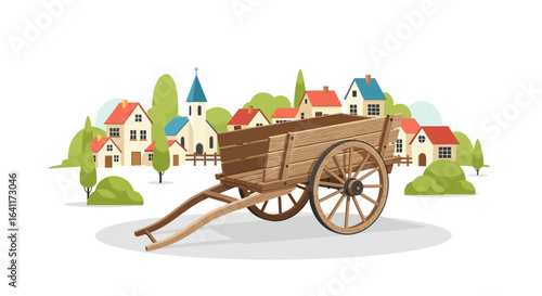 Picturesque village scene with traditional wooden wagon foreground display