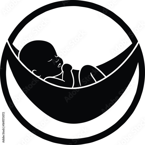 Silhouette of a newborn baby sleeping in hammock, peaceful infant in sling, safe sleep symbol, maternity logo, baby care icon, minimalist design vector
