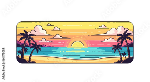 Retro style illustration of a tropical beach at sunset with palm trees