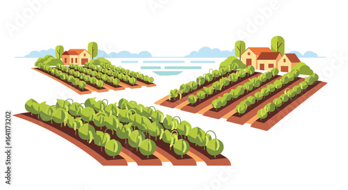 Scenic agricultural landscape with fields, houses, and serene horizon