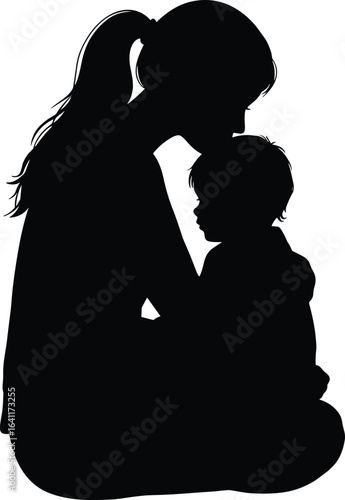 Mother silhouette with child, loving family moment, parent and kid bonding, tender embrace scene, maternal love concept, motherhood illustration, caring mother figure, emotional family connection, 