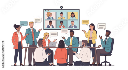 A diverse group of people engaged in a hybrid meeting, both in-person and online, collaborating and communicating.