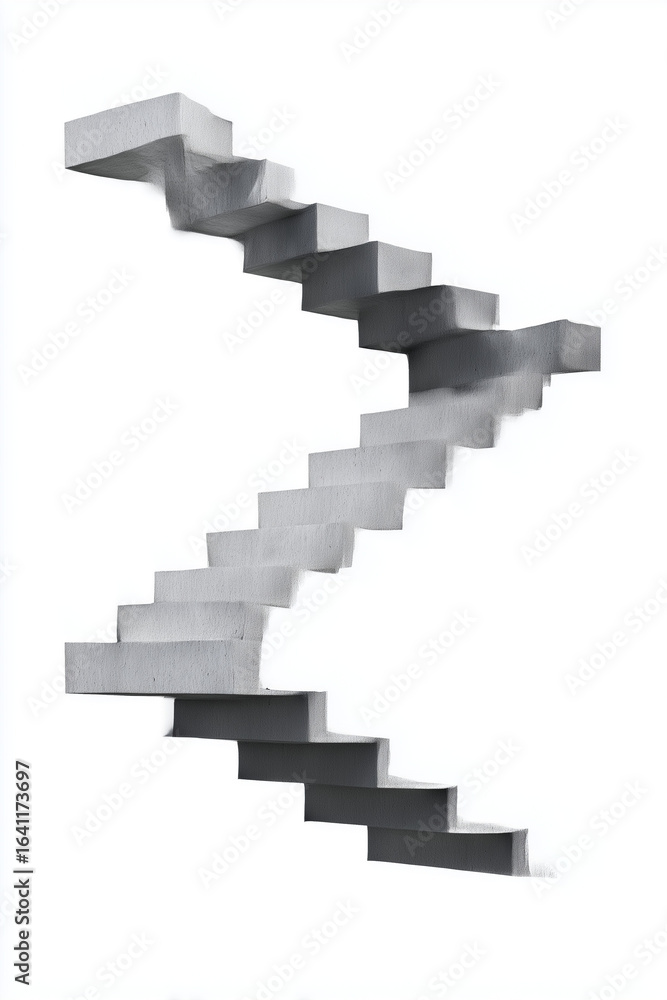 Fototapeta premium Minimalist brutalist floating concrete stairs isolated on white background. Modern architectural design with sharp shadows, clean lines, and sculptural geometry