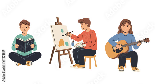 Diverse Creative Activities Illustration: Reading, Painting, and Playing Music, Perfect for Educational Resources, Hobby Guides, and Lifestyle Content Depicting Self-Expression
