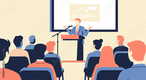 A presenter delivers a speech to an attentive audience during a conference.