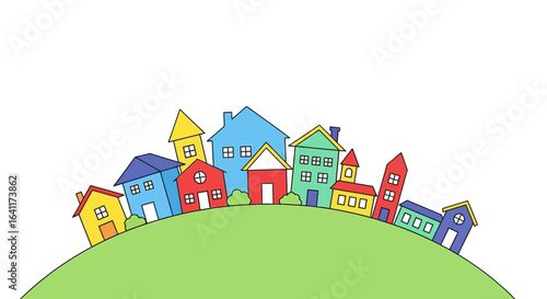 Stylized cartoon neighborhood illustration with diverse colored buildings