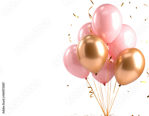 Bunch of Pink Balloons Surrounded by Gold and Silver Confetti, Front View, Isolated on Transparent Background