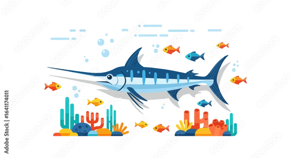 Naklejka premium Stylized marlin swimming gracefully amidst a coral reef illustration