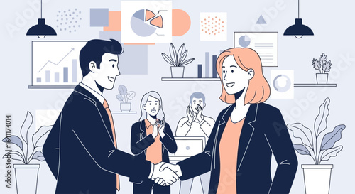Two business people shaking hands in an office setting with colleagues applauding in the background.