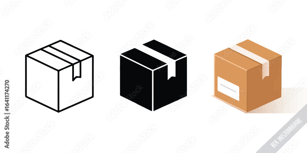 Obraz premium Three isometric cardboard boxes with tape and label package shipping