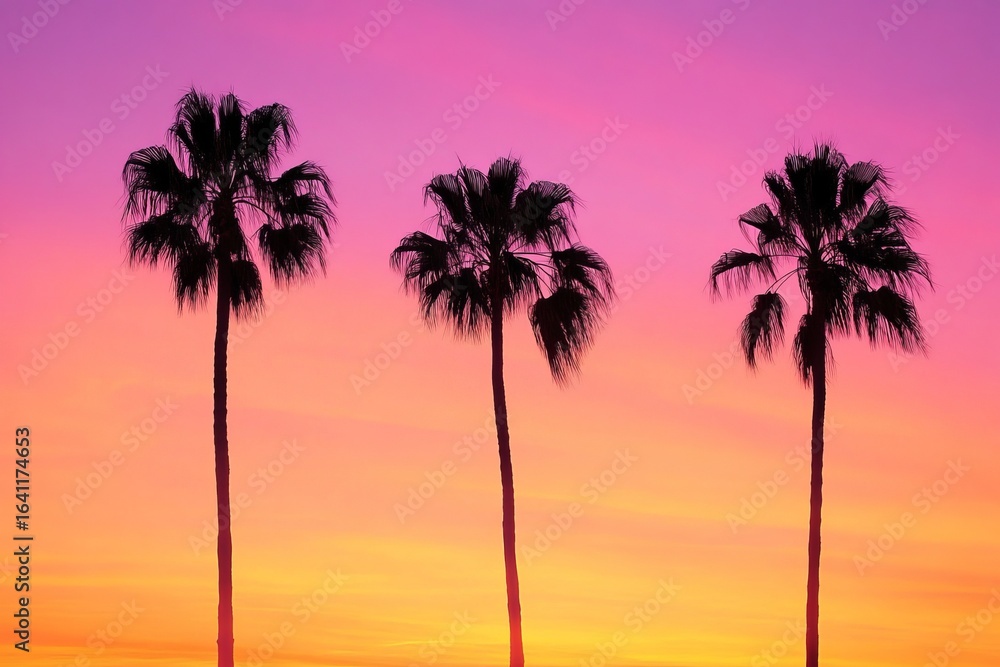 Naklejka premium Palm trees silhouette against vibrant tropical sunset sky