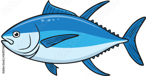 A cartoon illustration of a blue tuna fish with fins and an open mouth.