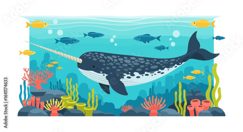 Underwater world with a narwhal, colorful fishes and coral reefs illustration