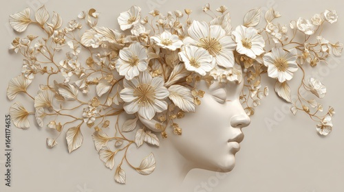 An elegant sculpture of a woman's profile adorned with intricate white and gold floral accents