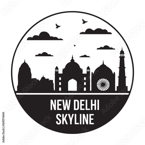 New Delhi skyline. Circular style. Stock vector illustration. Vector black silhouette. with white background.