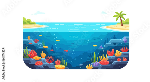 Vibrant coral reef with tropical fish and an idyllic island backdrop scene