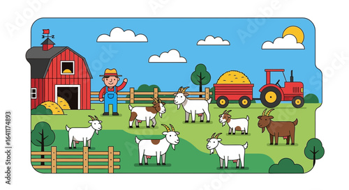 Vibrant Illustration of a Whimsical Farm Scene with Goats and a Farmer
