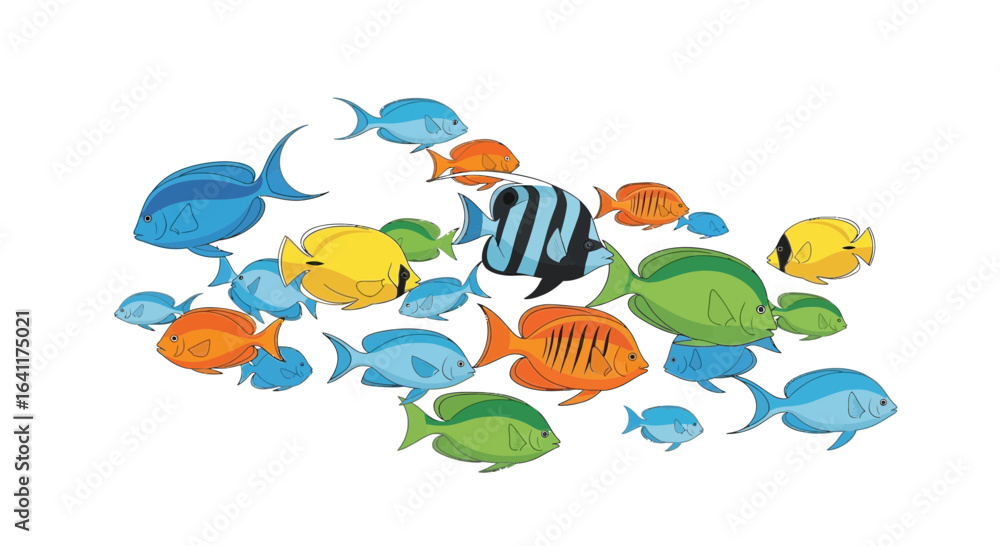 Naklejka premium Vibrant school of tropical fish illustration isolated against white background