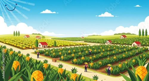 Vibrant pineapple farm scene with farmers harvesting in a tropical environment