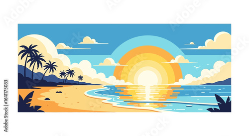 Vibrant seaside vista with radiant sunset and palm silhouette illustration