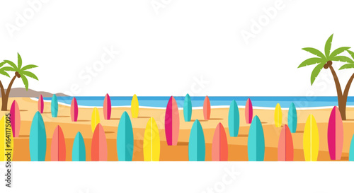 Vibrant surfboards adorning sunny beach with palm trees and ocean waves