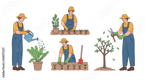 Agricultural Illustrations Depicting Gardening and Farming Activities, Ideal for Educational Materials or Promoting Sustainable Lifestyle and Horticultural Practices