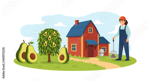 Whimsical Avocado Farm Illustration with Farmer and Red Barn Scene