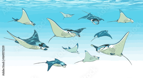 Whimsical cartoon illustration showcasing manta rays gliding in ocean depths